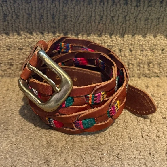 Women’s Colorful Woven Insert Brown Leather Belt Size Medium-Fits Small