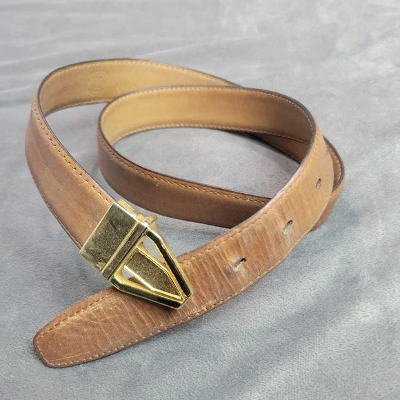 Vintage Tan Italian Leather Belt Geometric‎ Gold Tone Buckle Made in Italy 38