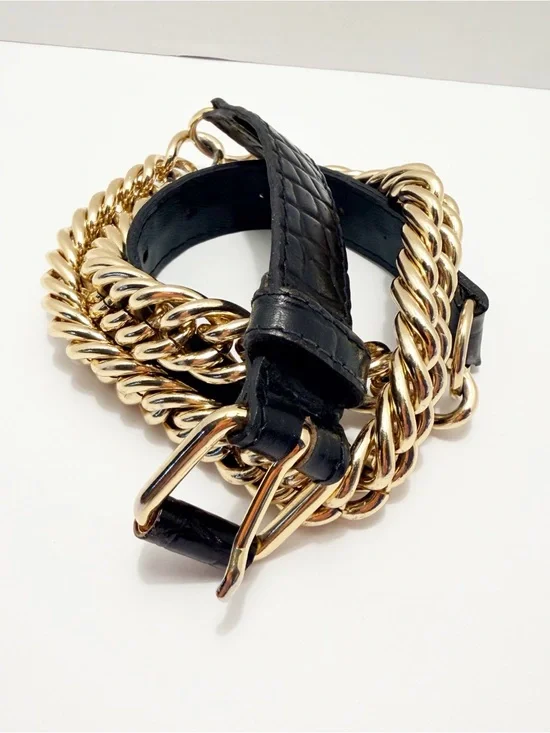 Axcess Black Leather Strap with Gold Chain Accent Made in Italy