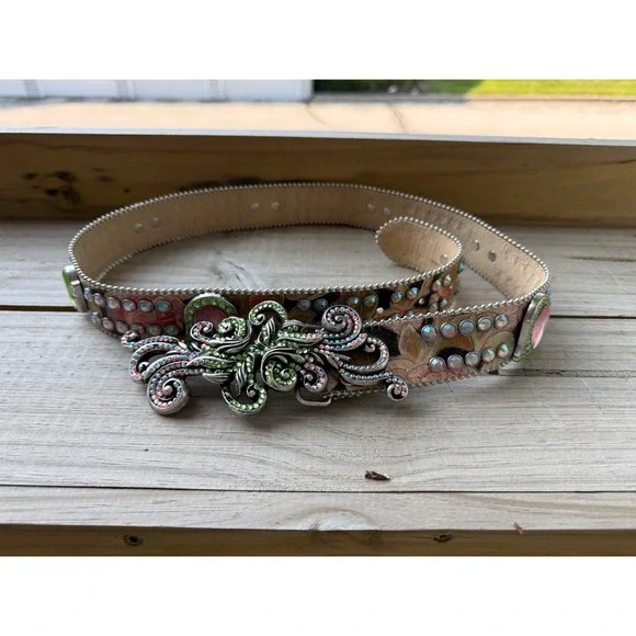 BB Simon Made in Italy Swarovski Crystal Belt – Floral Rainbow Buckle – Size XL