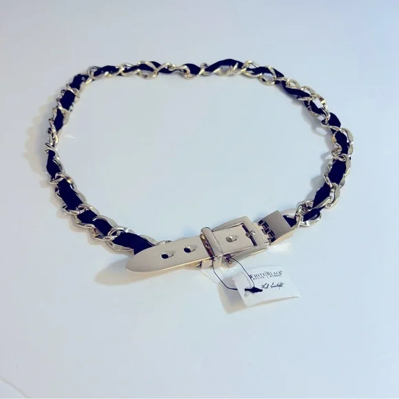 White House Black Market Gold Tone Chain Link Ribbon Heavy Metal Belt Size L NWT