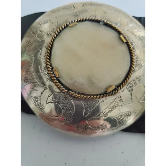 Vintage Boho‎ Black Woven Leather Wide Statement Belt Ornate Silver Stone Buckle