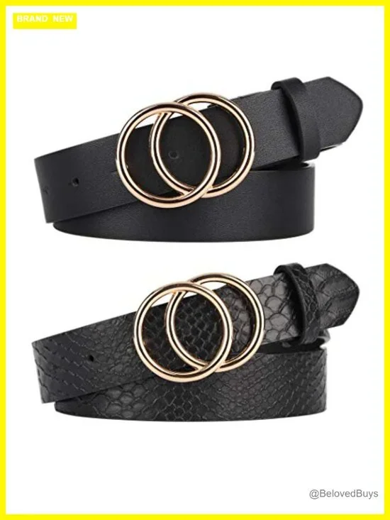 Women's Faux Leather Belts for Jeans Double O-Ring Buckle 2 Pack