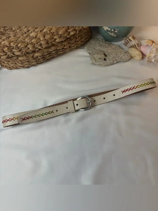 Fossil Cream Leather Rainbow Cross-Stitch Belt - Size S