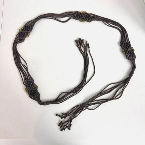 Brown Woven Boho Tie Belt Flower Beads Women's Size S / M (See Measurements)