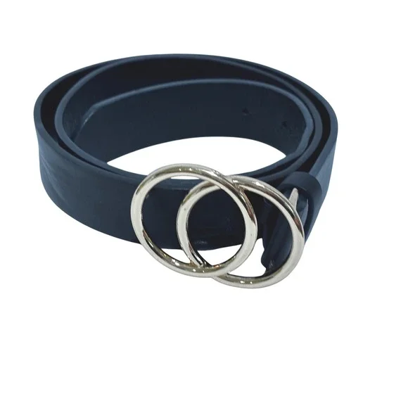 Black Faux Leather Belt Gold Double O-Ring Interlocking Buckle Minimalist Chic‎