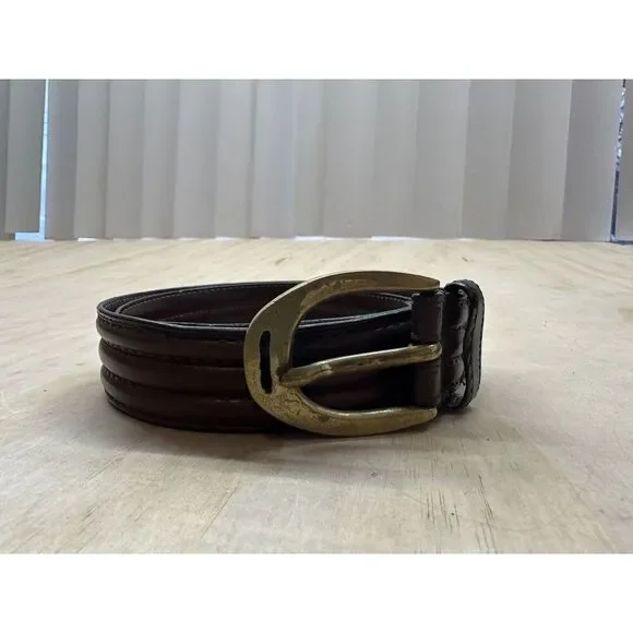 Brown Leather Belt Stamped “Italy” On Brass Buckle Medium M‎ 34”