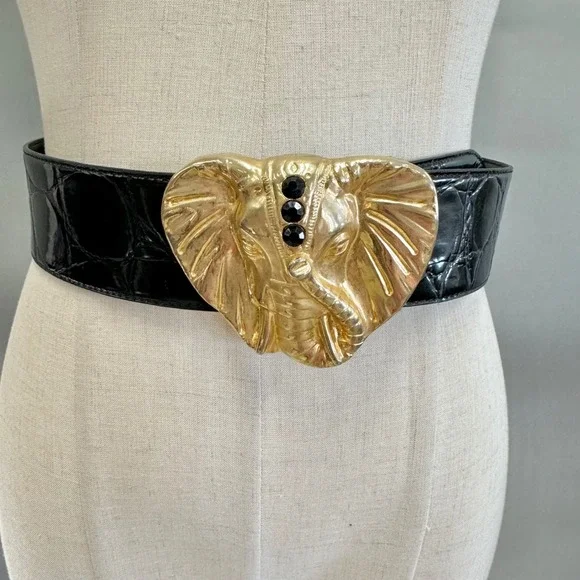 Crown Pacific Vintage Gold Tone Elephant Buckle Black Faux Croc‎ Belt Size M/L