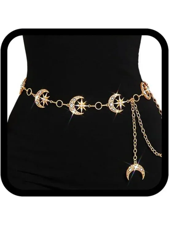 Sparkly Rhinestone Moon & Star Chain Belt | Adjustable Waist Jewelry Accessory
