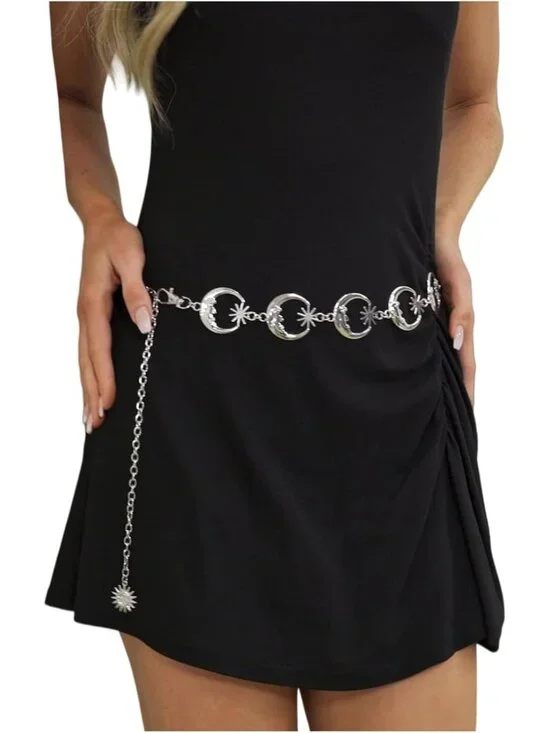 Adjustable Metal Chain Belt for Women - Sun Moon Western Style Waist Accessory