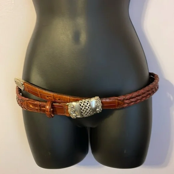 Leather Vintage 1995 Brown Belt with Silver Metal Basketweave Filagree Buckle L