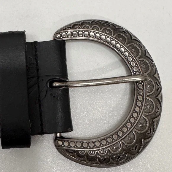 Western Black Leather Studded Floral Embossed Belt Silver Ornate Buckle Boho