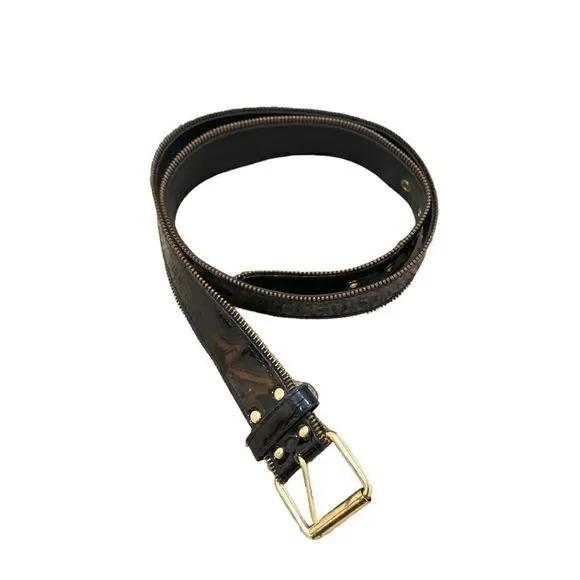 Vtg 90’s vegan black patent leather zipper edge belt gold tone buckle medium
