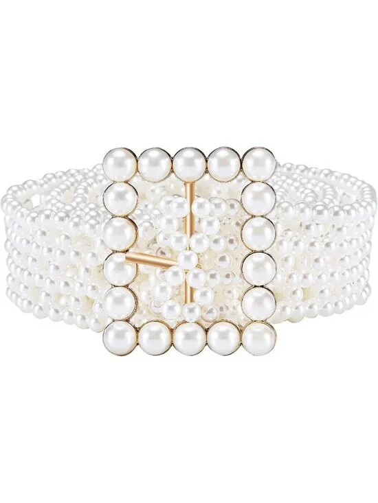 Elegant Pearl Elastic Waist Chain for Bridal Dress - White Belt Accessory