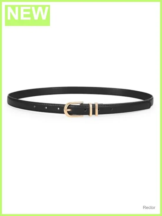 Women's Skinny Faux Leather Belt with Gold Curved Buckle for Jeans Dress