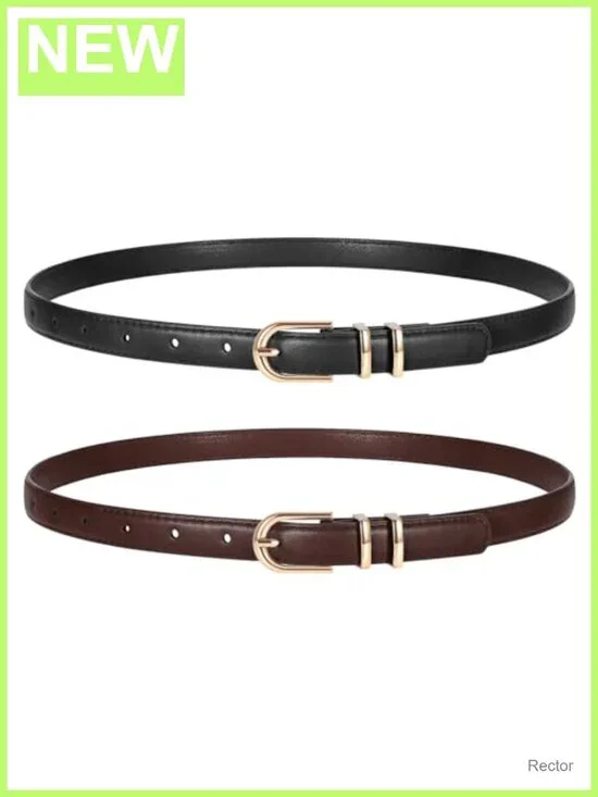 2 Pack Women Skinny Faux Leather Belts Gold Buckle Pants Jeans