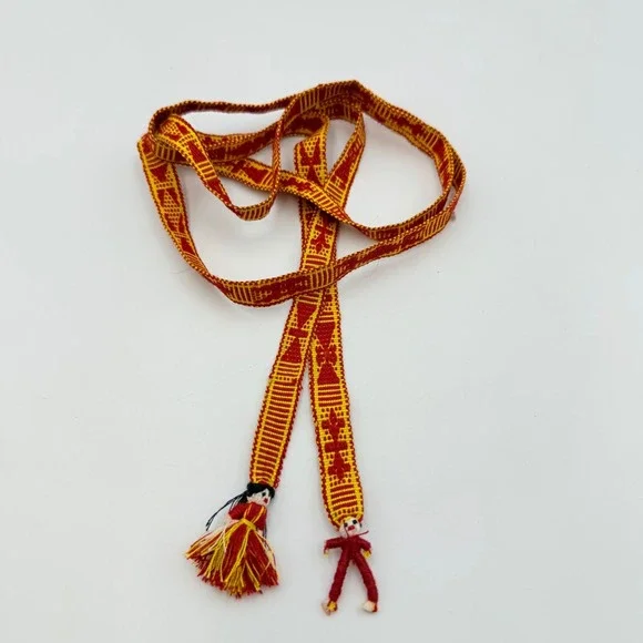 Vintage Guatemalan Handwoven Worry Doll Belt Sash Red Yellow Geometric 52 Inch
