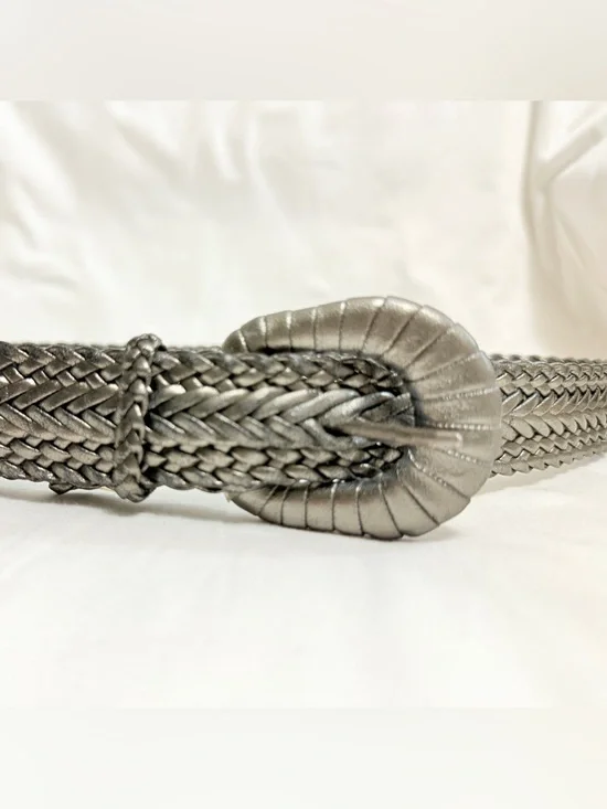 Vintage Metallic Silver Braided Belt Boho Woven Round Buckle S/M