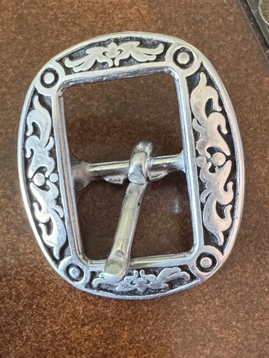 Decorative Silver-Tone Belt Buckle with Floral Engraving