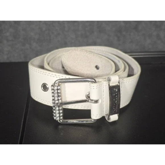 Mudd Womens White‎ Genuine Leather Rhinestone Buckle Belt Size XL Style B385M