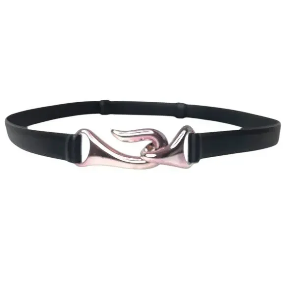 CHICO'S Genuine Leather Belt Black Silver Hook Buckle Elastic Waist Medium Large