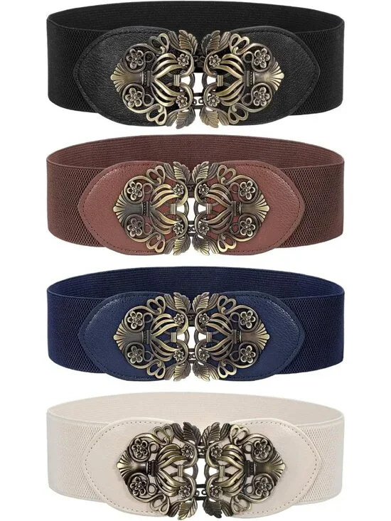 4 Pack Vintage Wide Waist Belts for Women - Elastic Cinch Belts with Retro