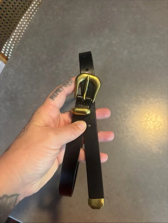 Anthropologie Black Leather Belt with Brass-Tone Buckle