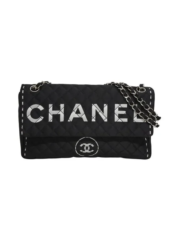 Chanel Quilted Jumbo CC Logo Chain Shoulder Bag Single Flap Black White Silver