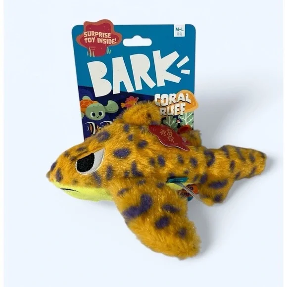 Bark Box Leopard Shark Dog Toy M/L Plush Coral Ruff Squeak Crinkle Rip Reveal