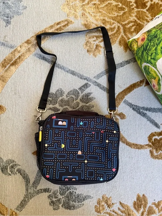 Black Pac-Man Print lunch Bag - Casual Everyday Shoulder Bag