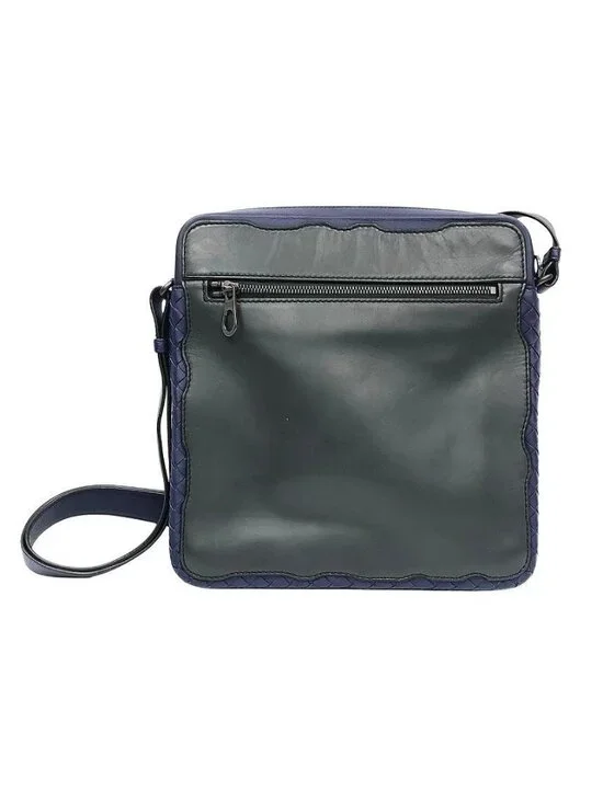 Bottega Veneta Intrecciato Trim Leather Shoulder Bag Crossbody Navy Gray Braided