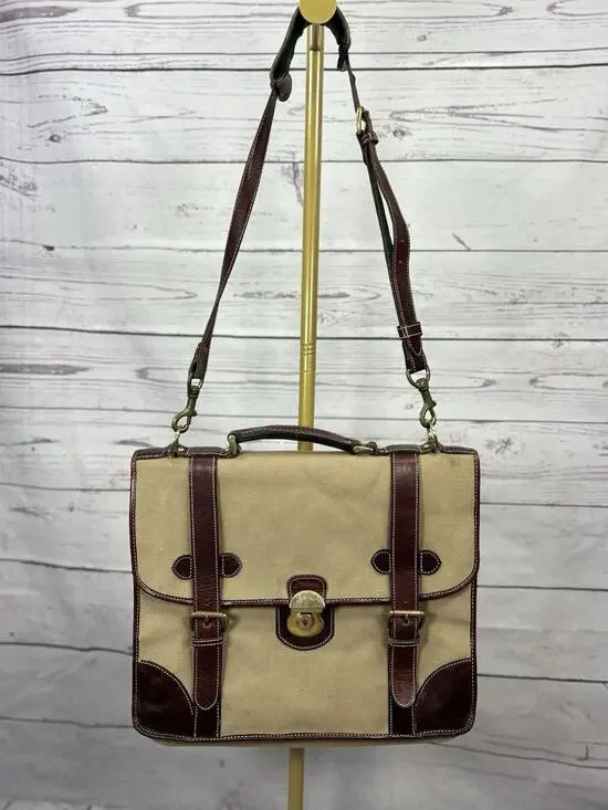 Vtg Holland Khaki Battenkill Canvas Saddle Leather Briefcase Messenger Bag USA