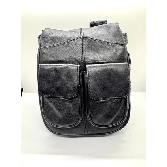 Black Leather Crossbody Sling Bag‎ Multi Pocket Utility Messenger Travel Bag
