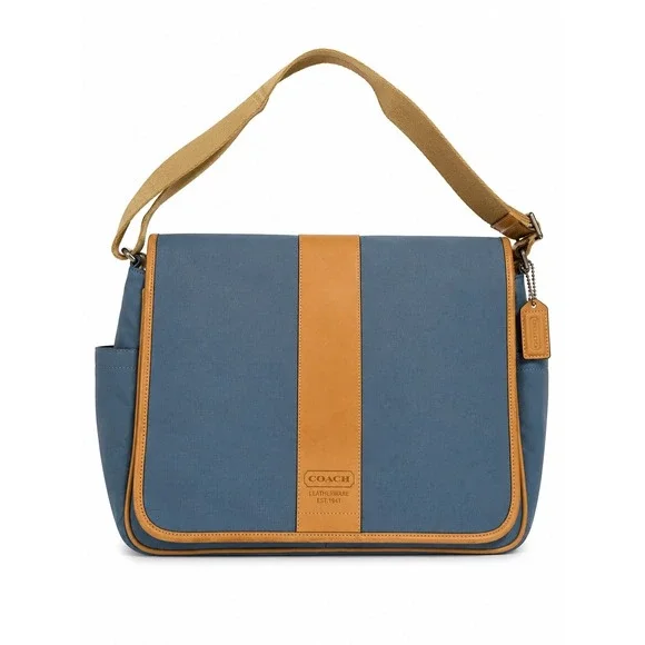 Coach Leatherware Est 1941 Blue Canvas Messenger Crossbody Bag Tan Trim
