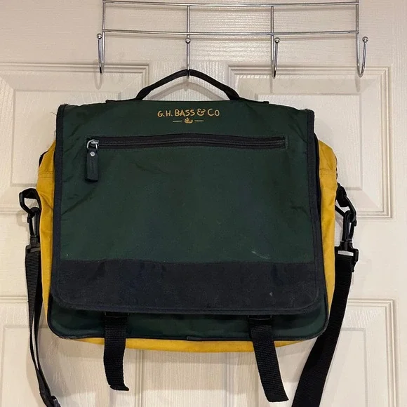 GH Bass & Co Messenger Bag Green Yellow Colorblock Nylon Laptop Briefcase
