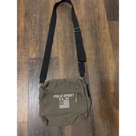 Polo Sport Ralph Lauren Olive Green Crossbody Messenger Bag US-67 Flag
