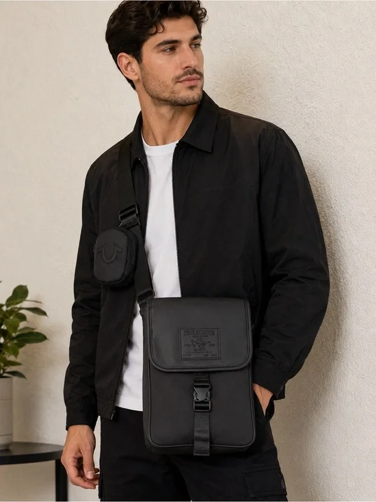True Religion Black Leather Messenger Crossbody Bag for Men