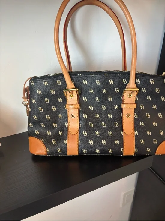 Dooney & Bourke Black Logo Messenger with Tan Leather Trim