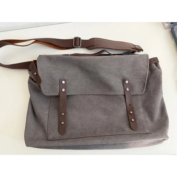 Canvas Messenger Bag Laptop Crossbody Charcoal Gray Brown Trim Work Travel Bag