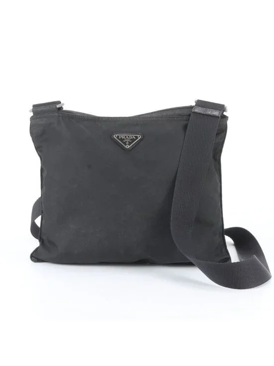 Prada Tessuto Nylon Triangle Logo Leather Shoulder Bag Crossbody Messenger Black