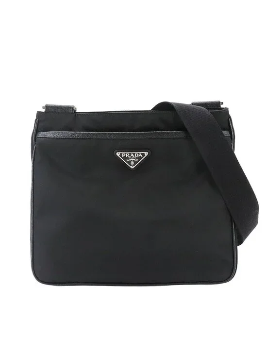 Prada Shoulder Bag Nylon Saffiano Leather Nero Black Silver