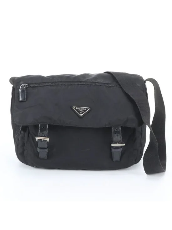 Prada Tessuto Nylon Triangle Logo Leather Shoulder Bag Crossbody Messenger Black