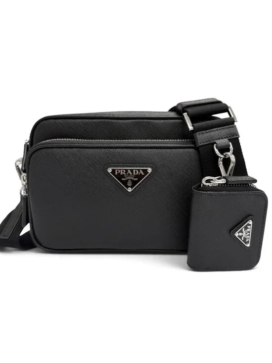 Prada Saffiano Leather Triangle Logo Shoulder Bag Black