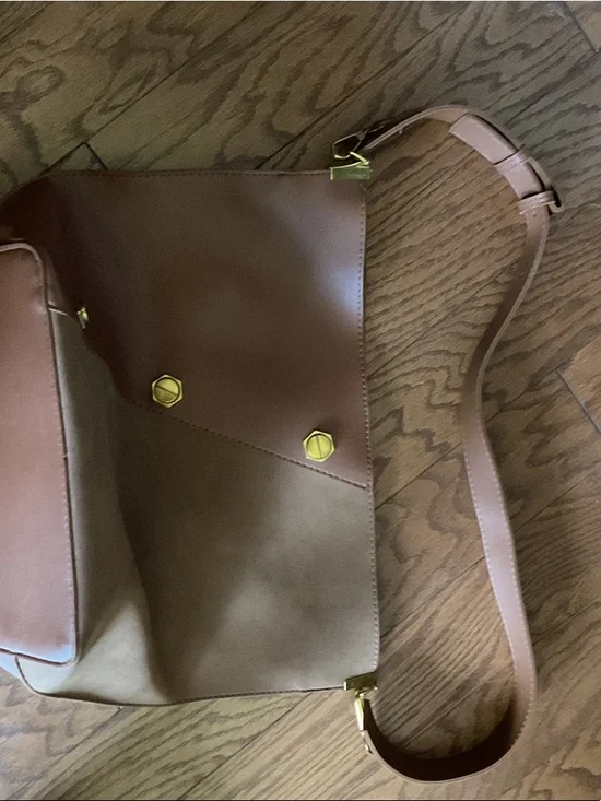 Two-Tone Brown Leather & Suede Messenger Bag with Gold Hardware