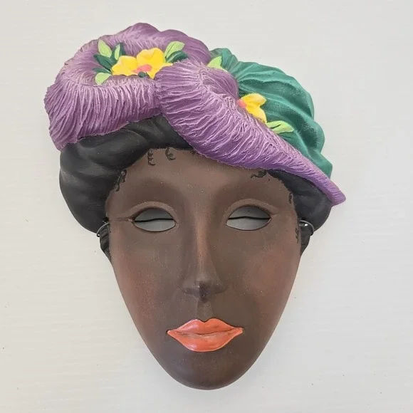 Hand Painted Ceramic Black Lady Face Mask Wall Hanging Decor Vintage 9.5
