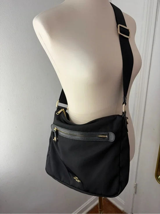 Y2K Coach Black Nylon Messenger Bag with Gold Accents and leather trim