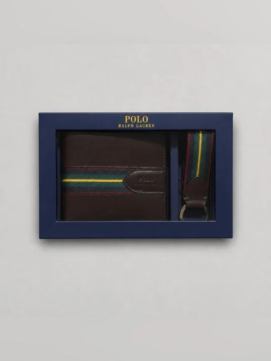 Polo by Ralph Lauren Brown Leather Wallet and Striped Keyring Set