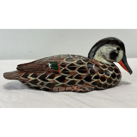 Vtg Carved Mallard Duck Decoy Hand Painted Folk Art Rustic Cabin 9