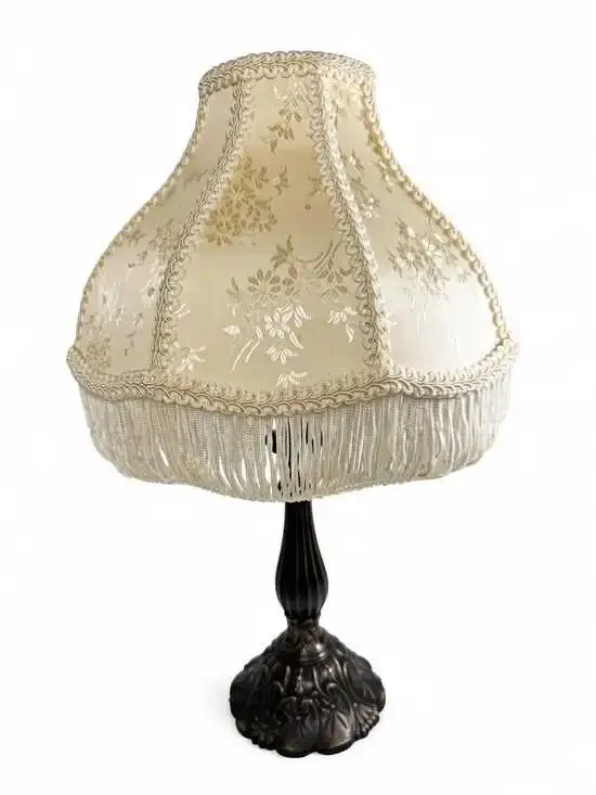 Vintage 1950s Style Brass Table Lamp, Floral Relief Base, Cream Fringed Shade