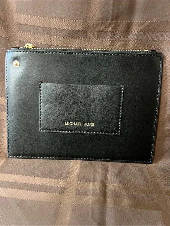 Michael Kors Black Leather Zip Card Pouch with Gold Hardware